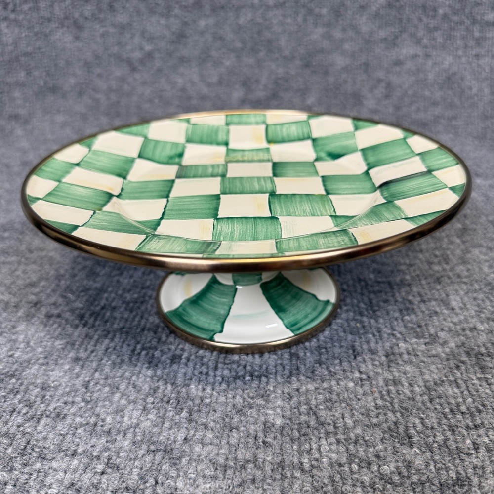 MacKenzie-Childs Emerald Courtly Check Mini Pedestal Platter Green Serve 8 In